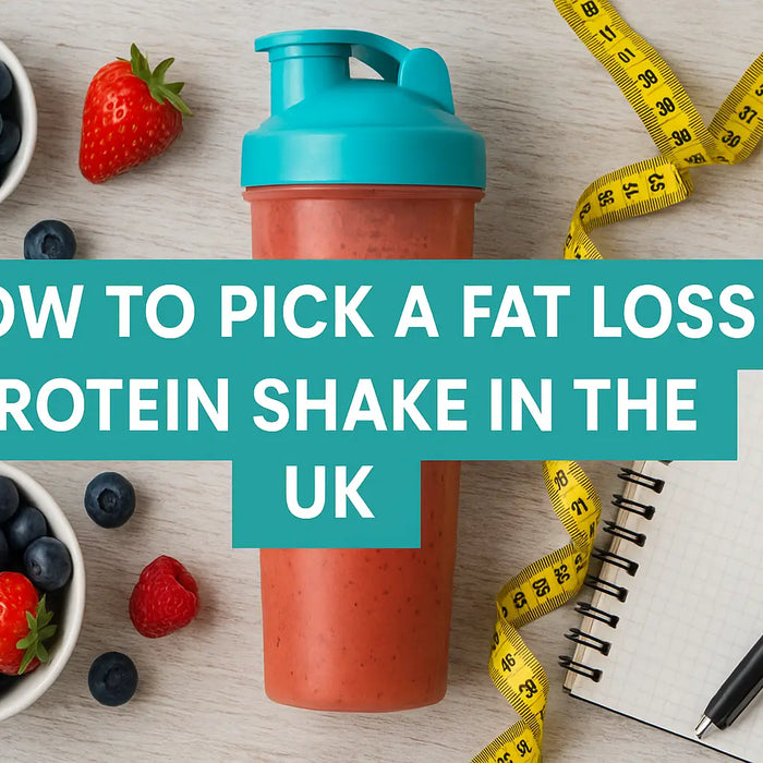 Protein shaker bottle with fresh berries, measuring tape and notebook on wooden surface - guide to choosing fat loss protein shakes in UK