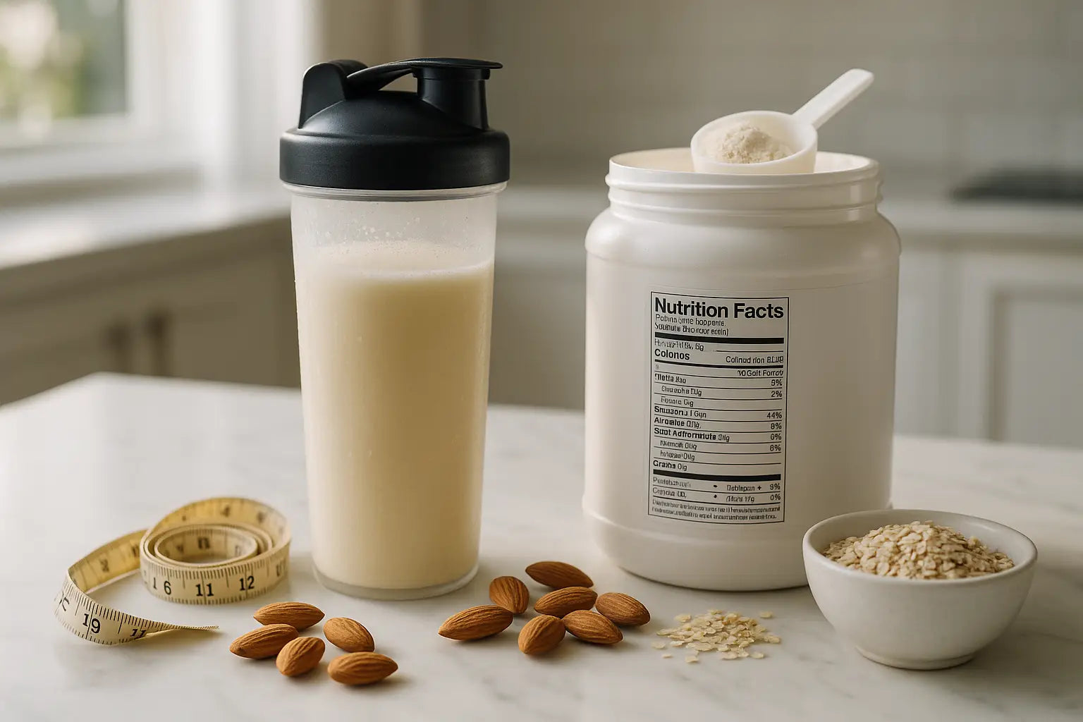 A vanilla protein shake in a glass shaker on a kitchen counter, with a tub of protein powder, a scoop, almonds, and a measuring tape, conveying a theme of health and weight loss.
