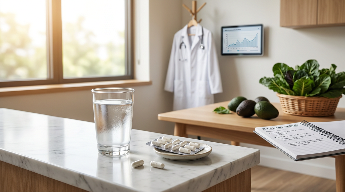 Probiotic capsules and a glass of water on a marble countertop, with a doctor's coat and health chart in the background, representing a clinical approach to IBS management.