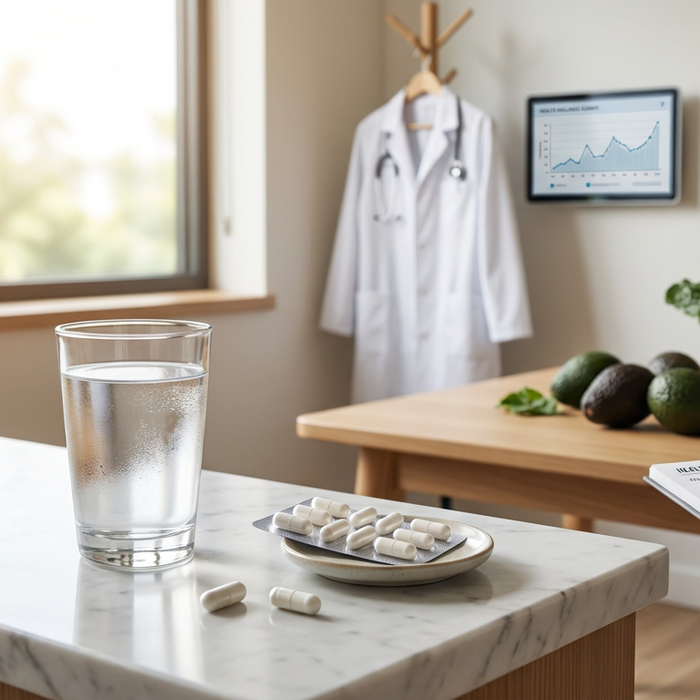 Probiotic capsules and a glass of water on a marble countertop, with a doctor's coat and health chart in the background, representing a clinical approach to IBS management.