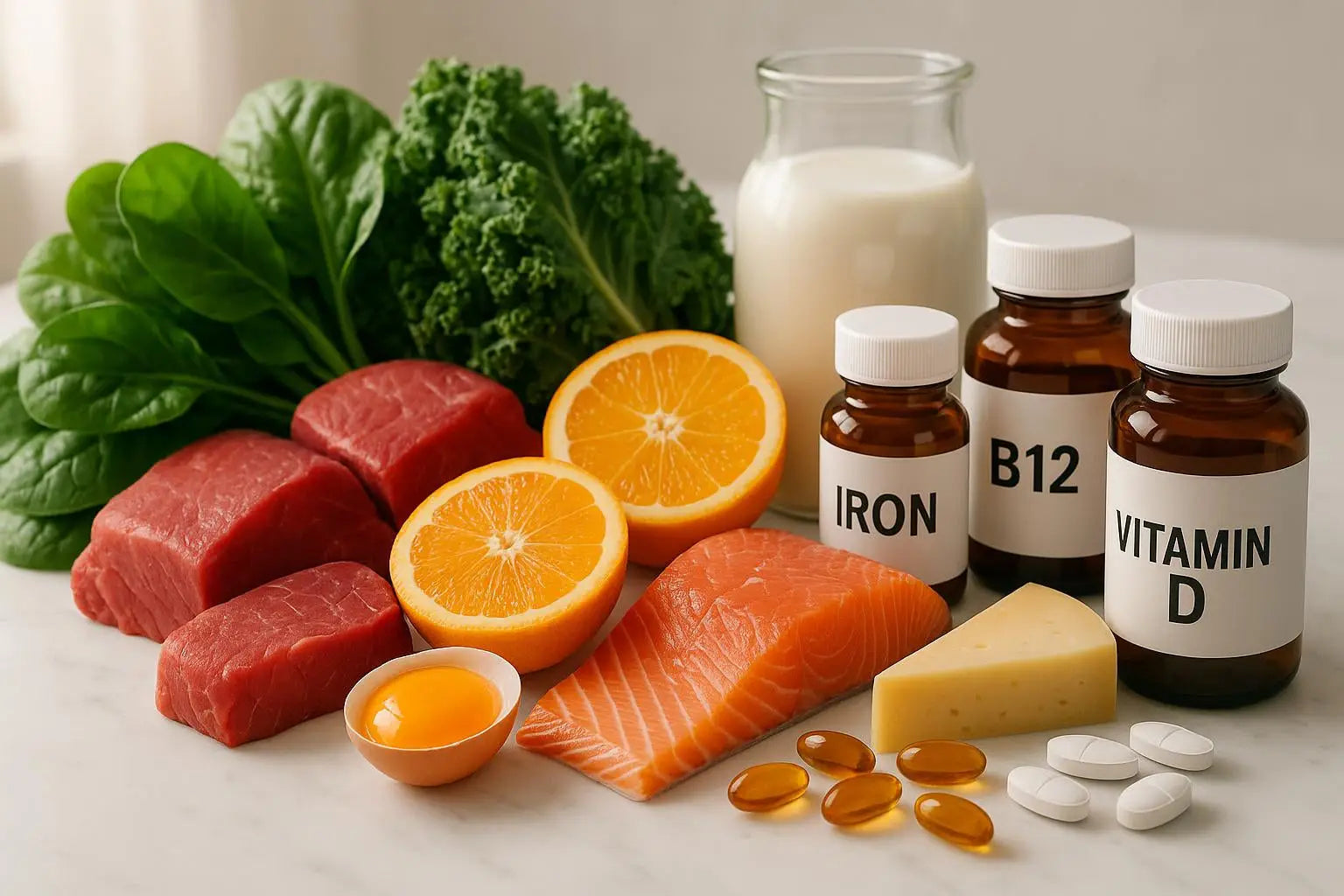 A flat lay of nutrient-rich foods including red meat, salmon, and leafy greens, alongside supplement bottles for Iron, B12, and Vitamin D, representing key nutrients for energy.