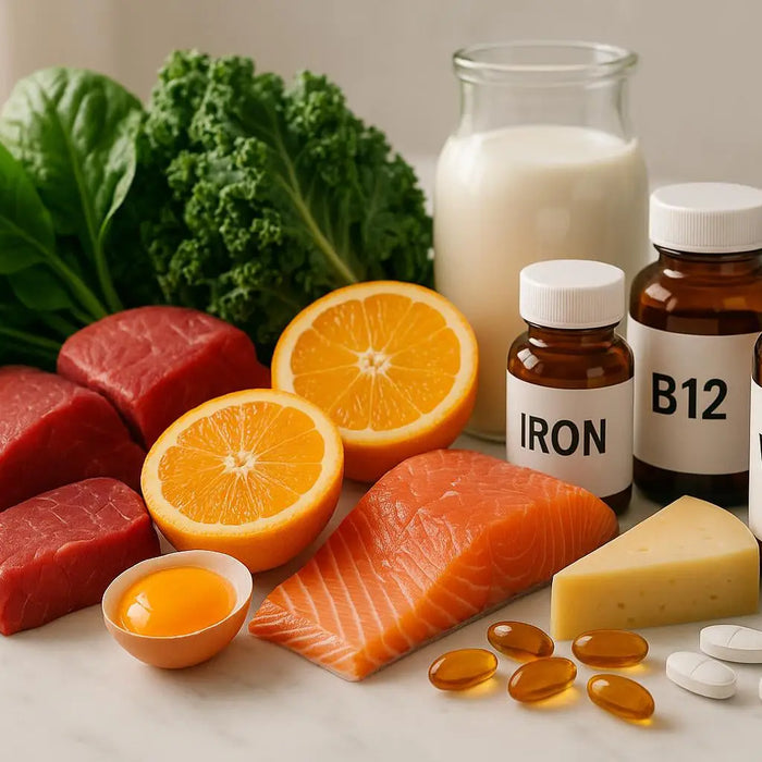 A flat lay of nutrient-rich foods including red meat, salmon, and leafy greens, alongside supplement bottles for Iron, B12, and Vitamin D, representing key nutrients for energy.