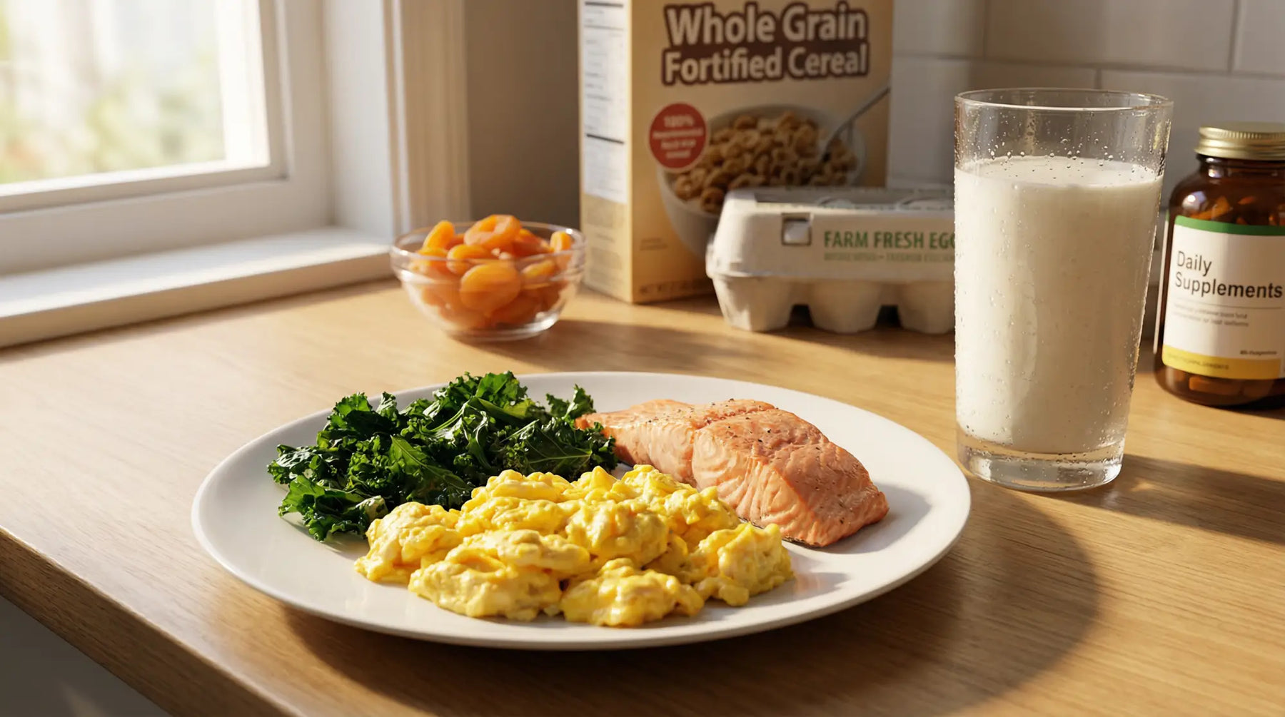 A healthy breakfast of scrambled eggs, kale, and salmon, with a glass of milk, representing foods rich in iron, iodine, and B12