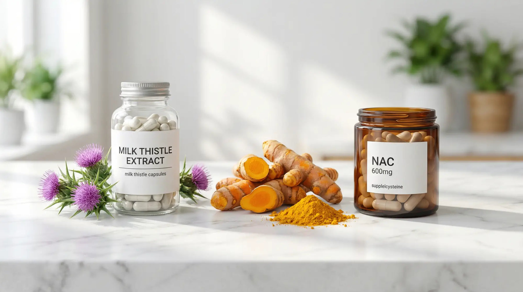 Milk thistle extract bottle with purple flowers, fresh turmeric root and powder, and NAC supplement bottle arranged on white marble countertop with natural lighting