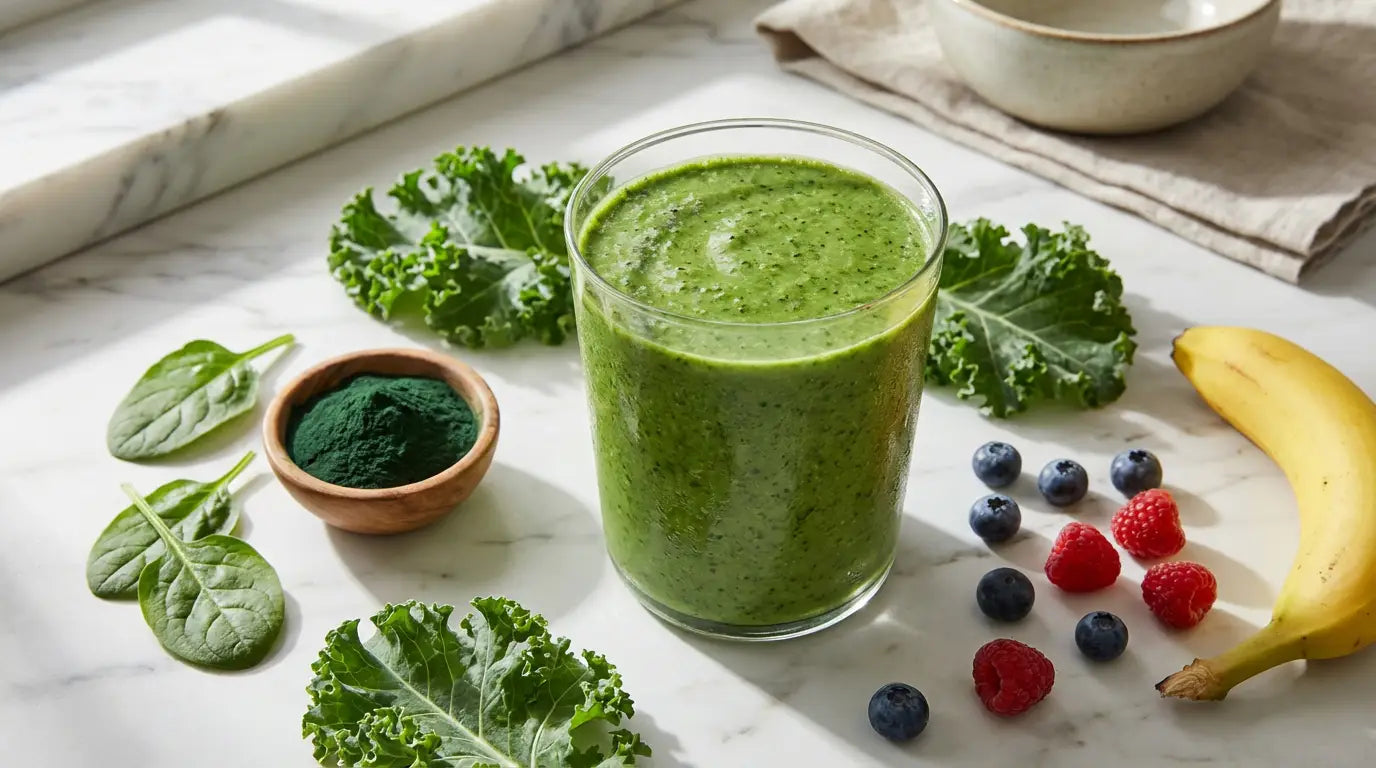 A glass of vibrant green smoothie on a marble kitchen counter, surrounded by fresh organic ingredients including kale, spinach, spirulina powder, and berries, representing a healthy lifestyle.
