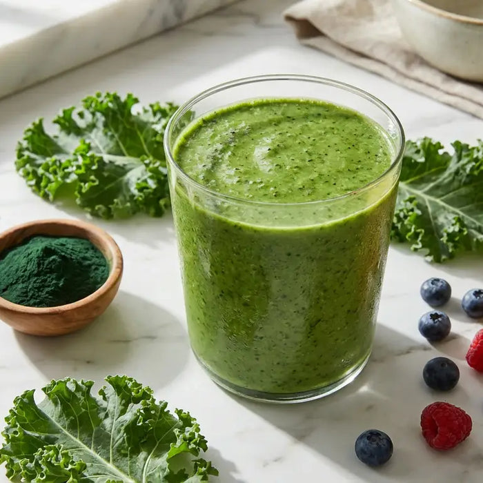 A glass of vibrant green smoothie on a marble kitchen counter, surrounded by fresh organic ingredients including kale, spinach, spirulina powder, and berries, representing a healthy lifestyle.