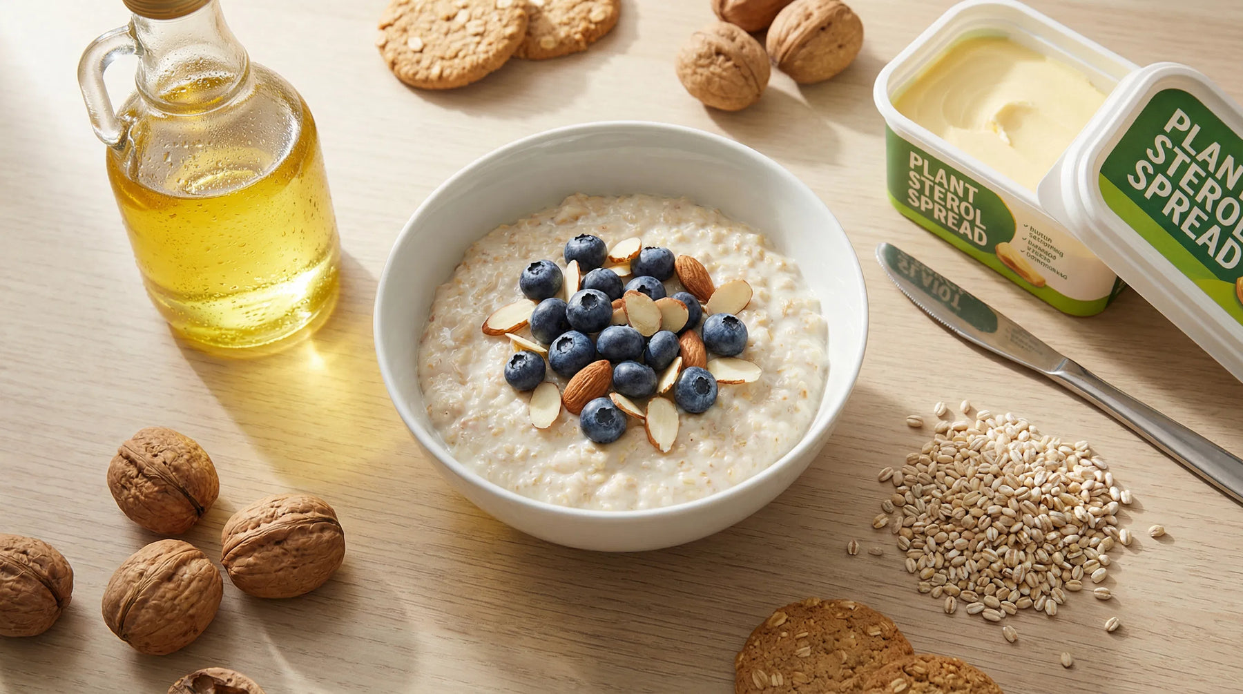 A heart-healthy breakfast scene with a bowl of porridge topped with blueberries and almonds, a tub of plant sterol spread, and a bottle of vegetable oil on a wooden table.