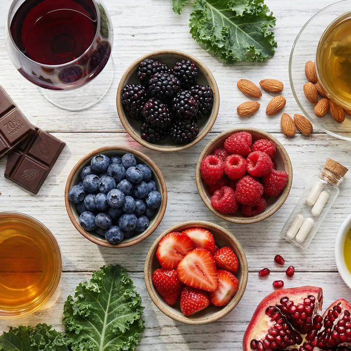An overhead flat lay of polyphenol-rich foods including berries, dark chocolate, red wine, and green tea, alongside supplement capsules on a white wooden table.