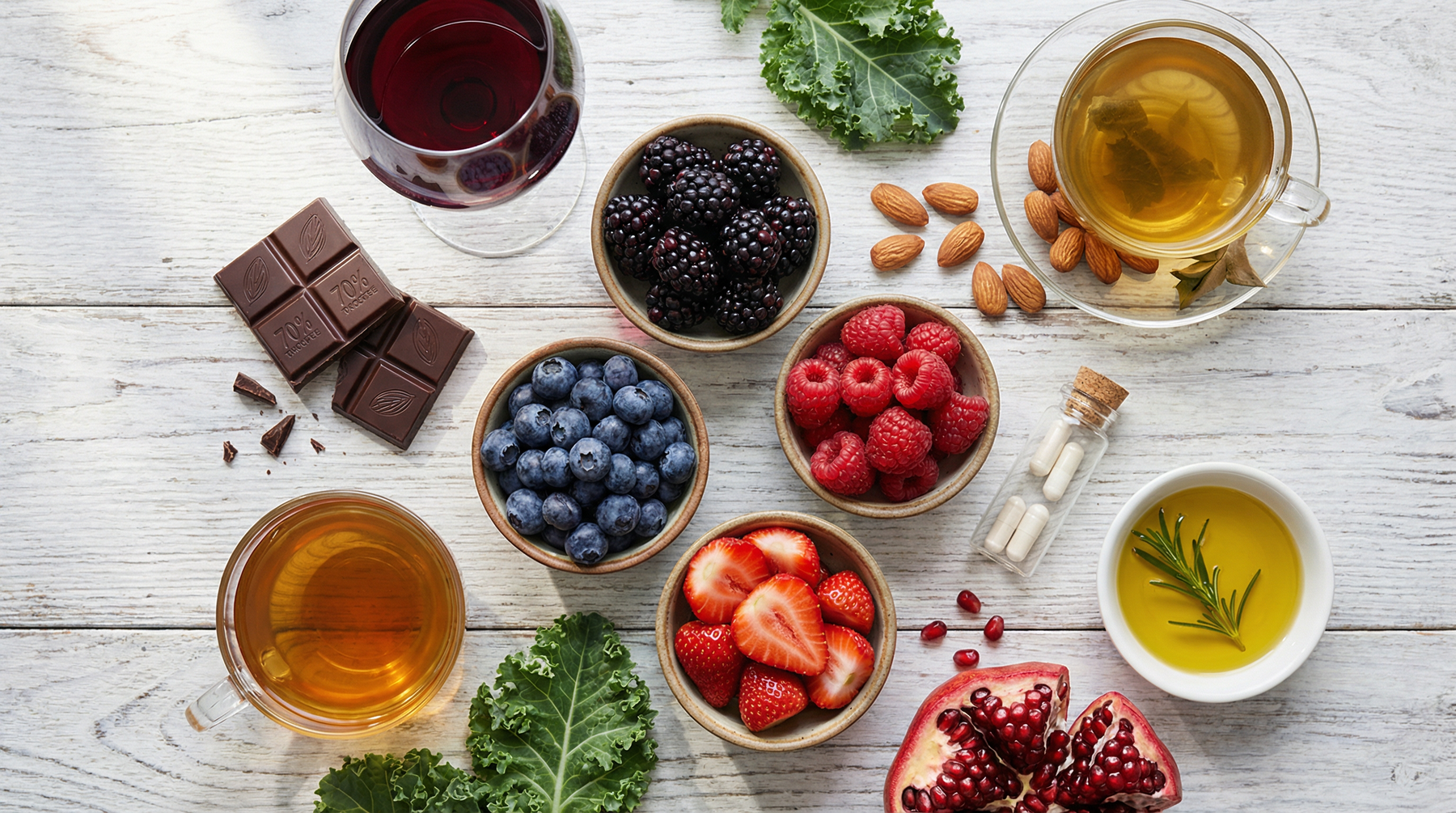An overhead flat lay of polyphenol-rich foods including berries, dark chocolate, red wine, and green tea, alongside supplement capsules on a white wooden table.