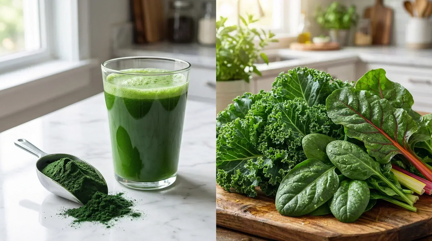 A split composition contrasting a vibrant green powder drink next to a scoop of powder on a marble countertop, and a fresh arrangement of kale and spinach on a wooden board.