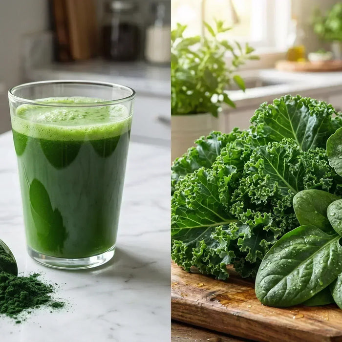 A split composition contrasting a vibrant green powder drink next to a scoop of powder on a marble countertop, and a fresh arrangement of kale and spinach on a wooden board.