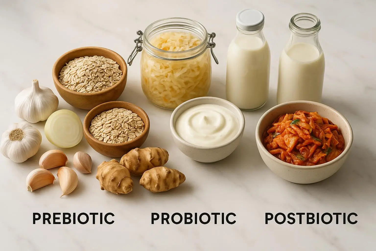 A flat lay of prebiotic, probiotic, and postbiotic foods including garlic, oats, yoghurt, kefir, and kimchi.