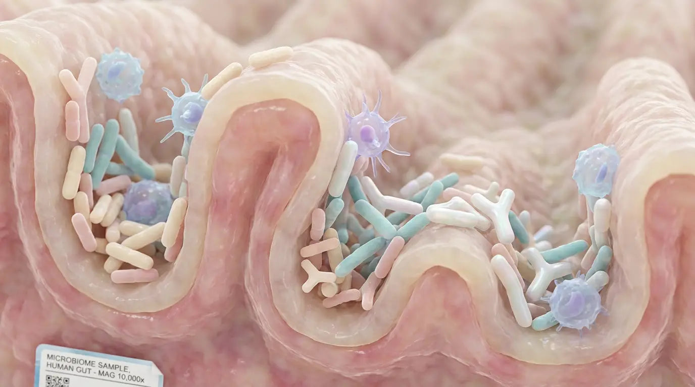 An ultra-realistic visualization of the human gut microbiome, showing beneficial bacteria interacting with the intestinal lining, representing the connection between gut health and immunity.
