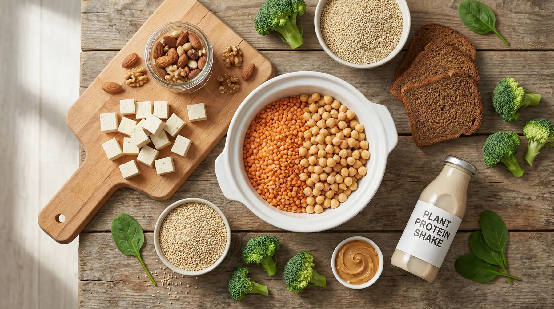 A complete vegetarian protein meal preparation scene with lentils, chickpeas, tofu, nuts, quinoa, bread, and a plant-based protein shake.