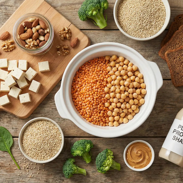 A complete vegetarian protein meal preparation scene with lentils, chickpeas, tofu, nuts, quinoa, bread, and a plant-based protein shake.