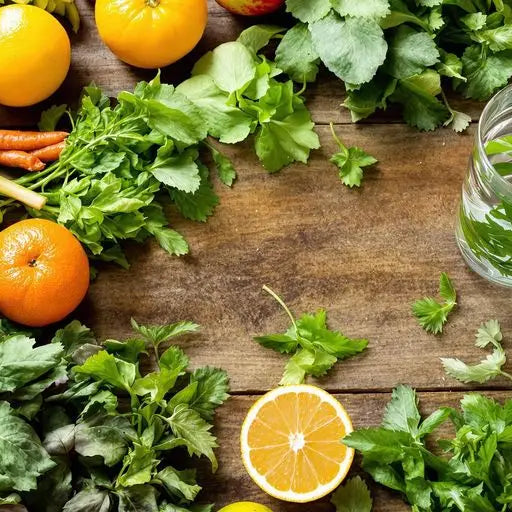 Photo of vibrant fresh produce and detox ingredients arranged naturally.