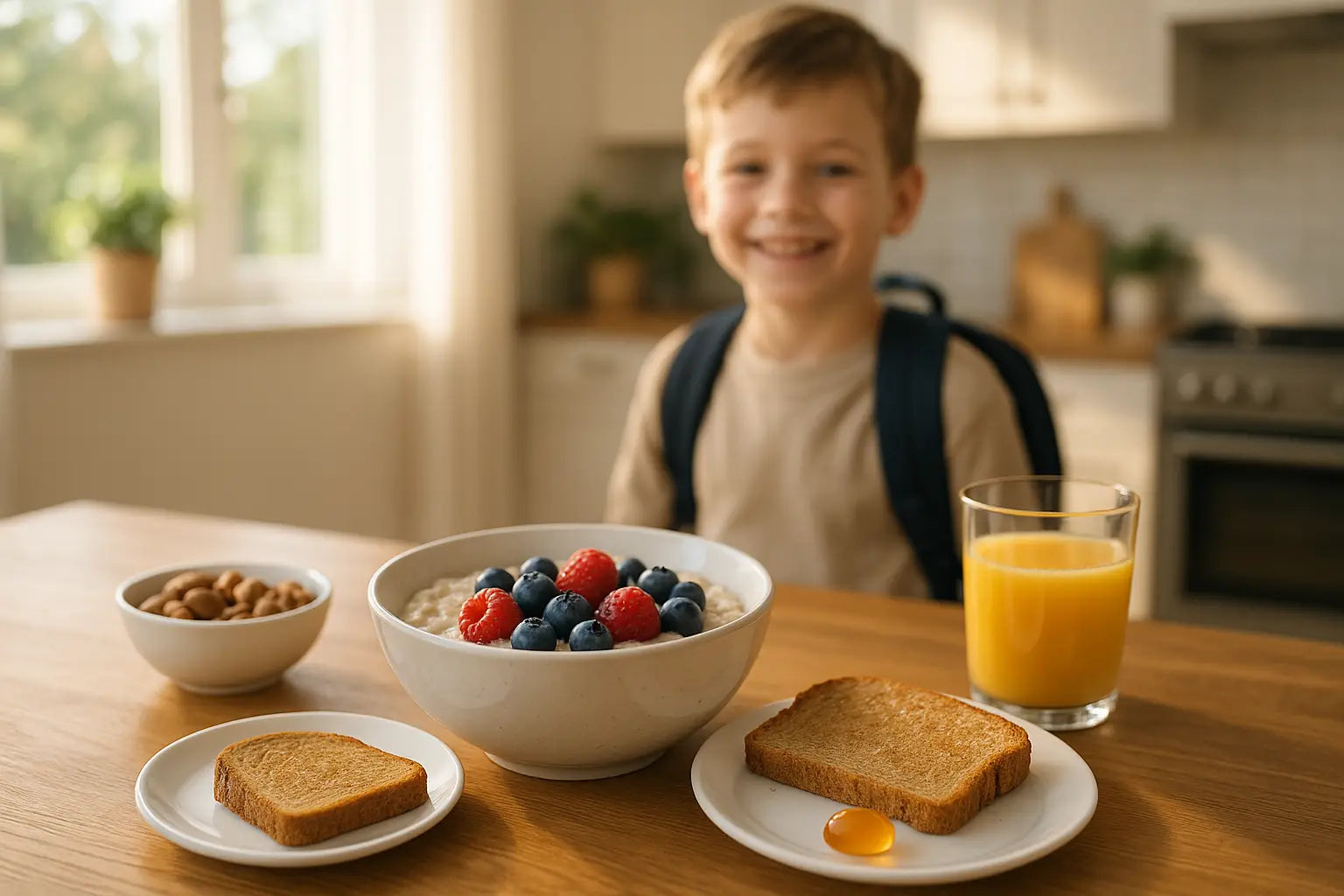 A healthy breakfast of porridge, toast, and orange juice on a wooden table, with a smiling child ready for school in a bright, modern kitchen, conveying health and energy.