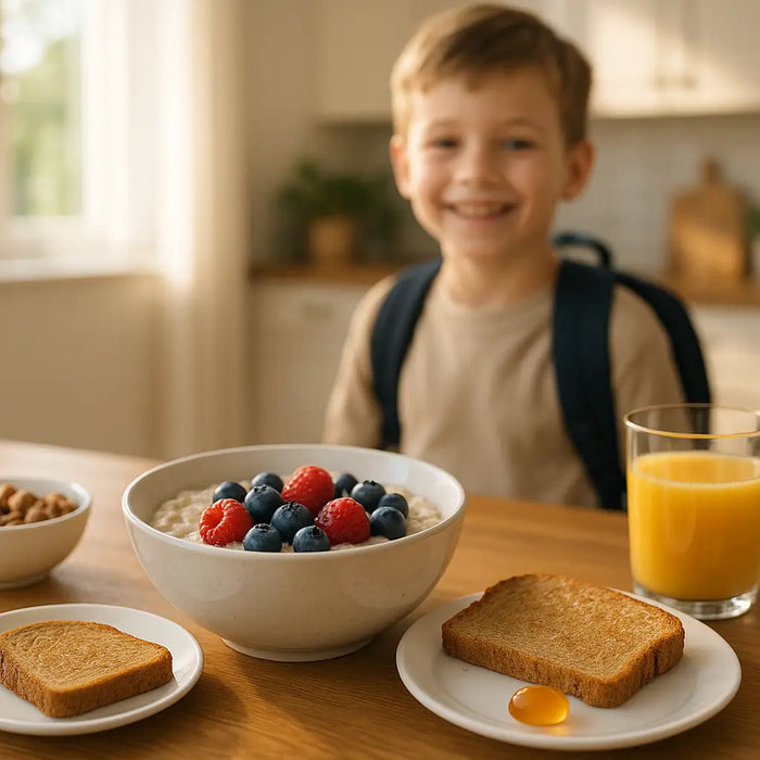 A healthy breakfast of porridge, toast, and orange juice on a wooden table, with a smiling child ready for school in a bright, modern kitchen, conveying health and energy.
