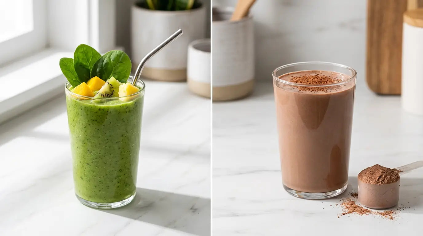 A split image showing a green smoothie with fruit and a chocolate protein shake, illustrating the difference between the two drinks.