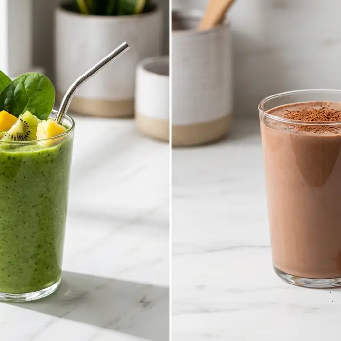 A split image showing a green smoothie with fruit and a chocolate protein shake, illustrating the difference between the two drinks.
