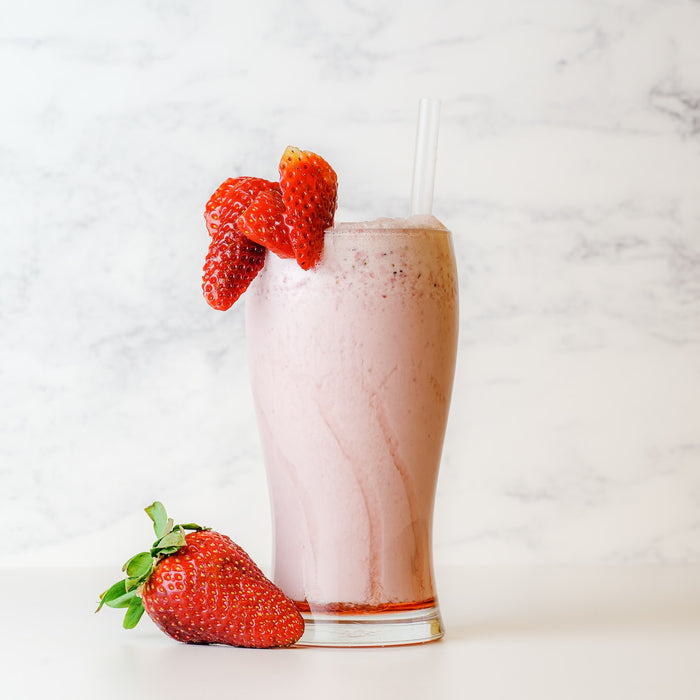 strawberry diet shake in a clear drinking glass