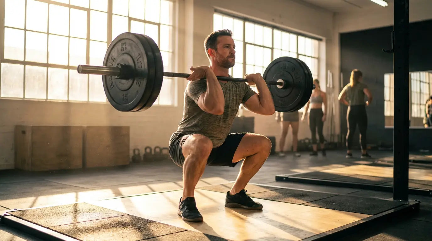 Man performing barbell squat in gym for testosterone support