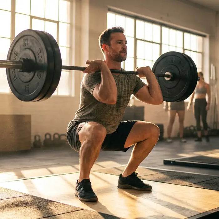 Man performing barbell squat in gym for testosterone support
