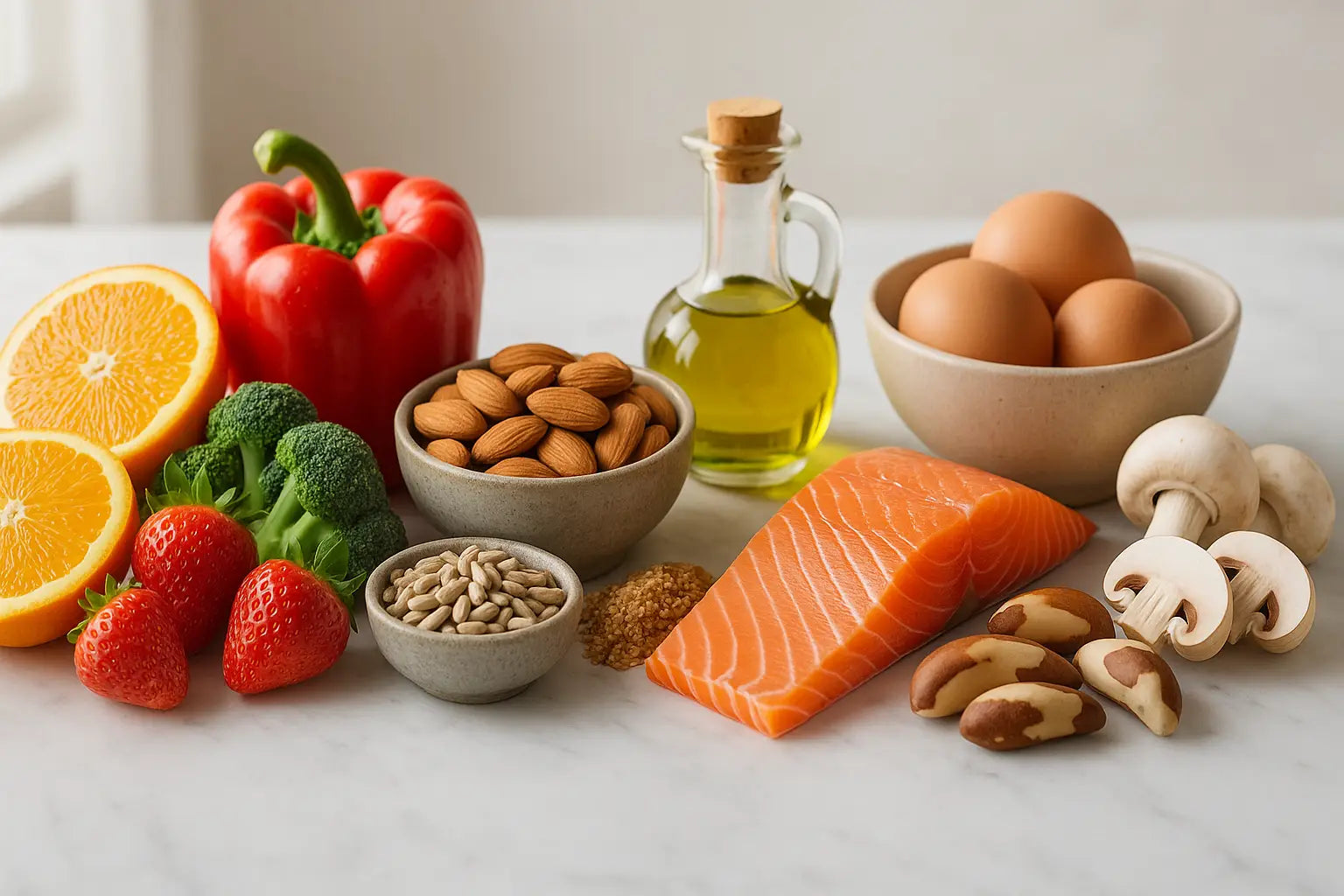 Antioxidant-rich foods including oranges, peppers, almonds, salmon, and Brazil nuts on a marble countertop