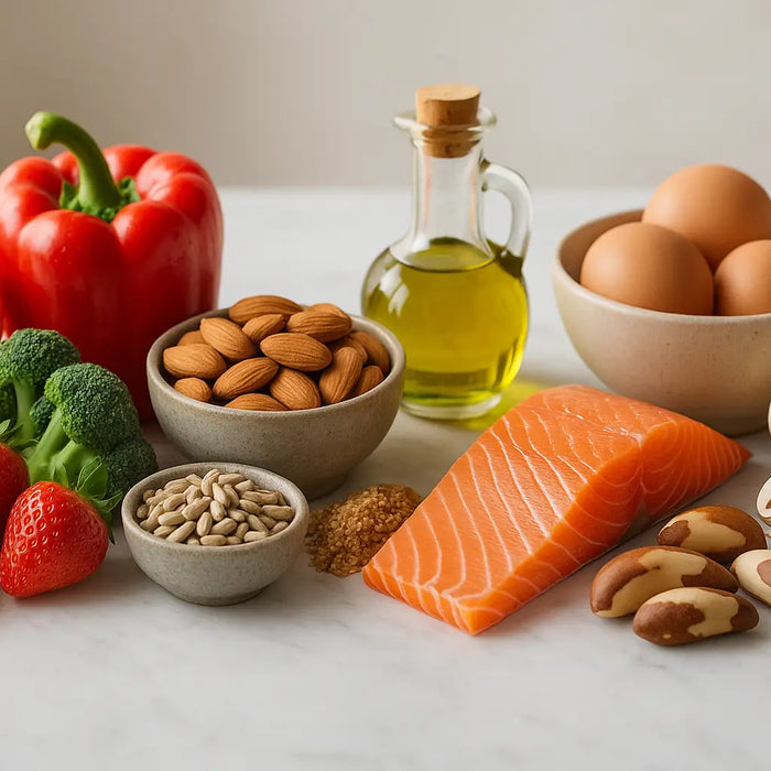 Antioxidant-rich foods including oranges, peppers, almonds, salmon, and Brazil nuts on a marble countertop