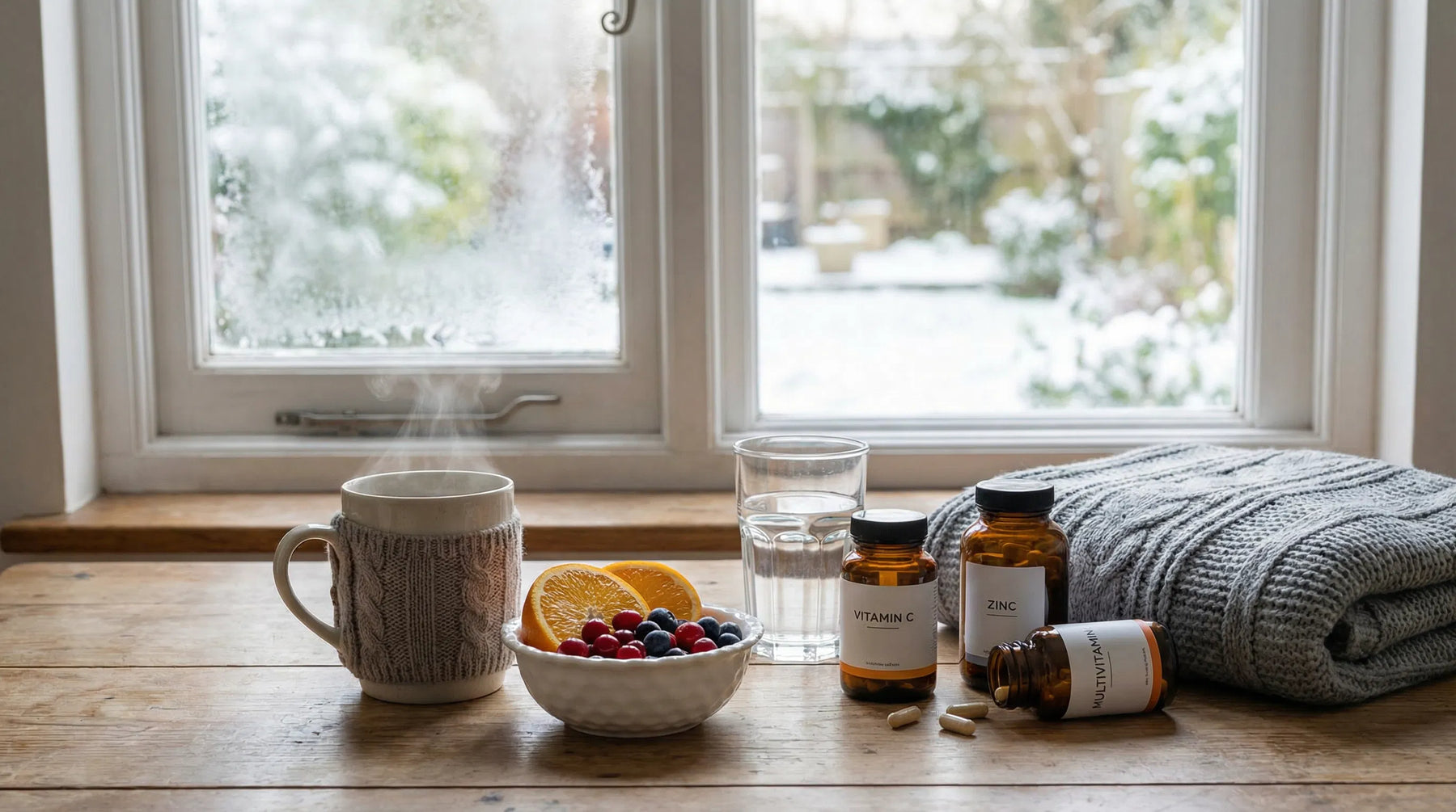 A cosy winter scene with a steaming mug of tea, a bowl of fruit, and vitamin supplements on a wooden table in front of a window with a snowy view