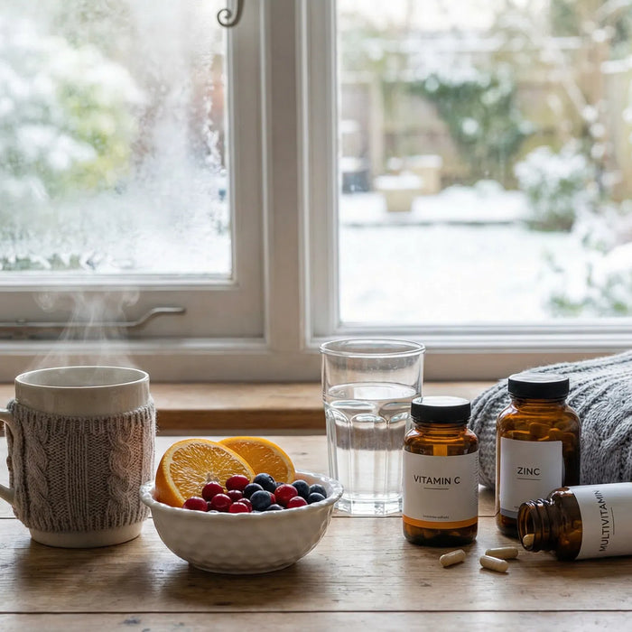 A cosy winter scene with a steaming mug of tea, a bowl of fruit, and vitamin supplements on a wooden table in front of a window with a snowy view