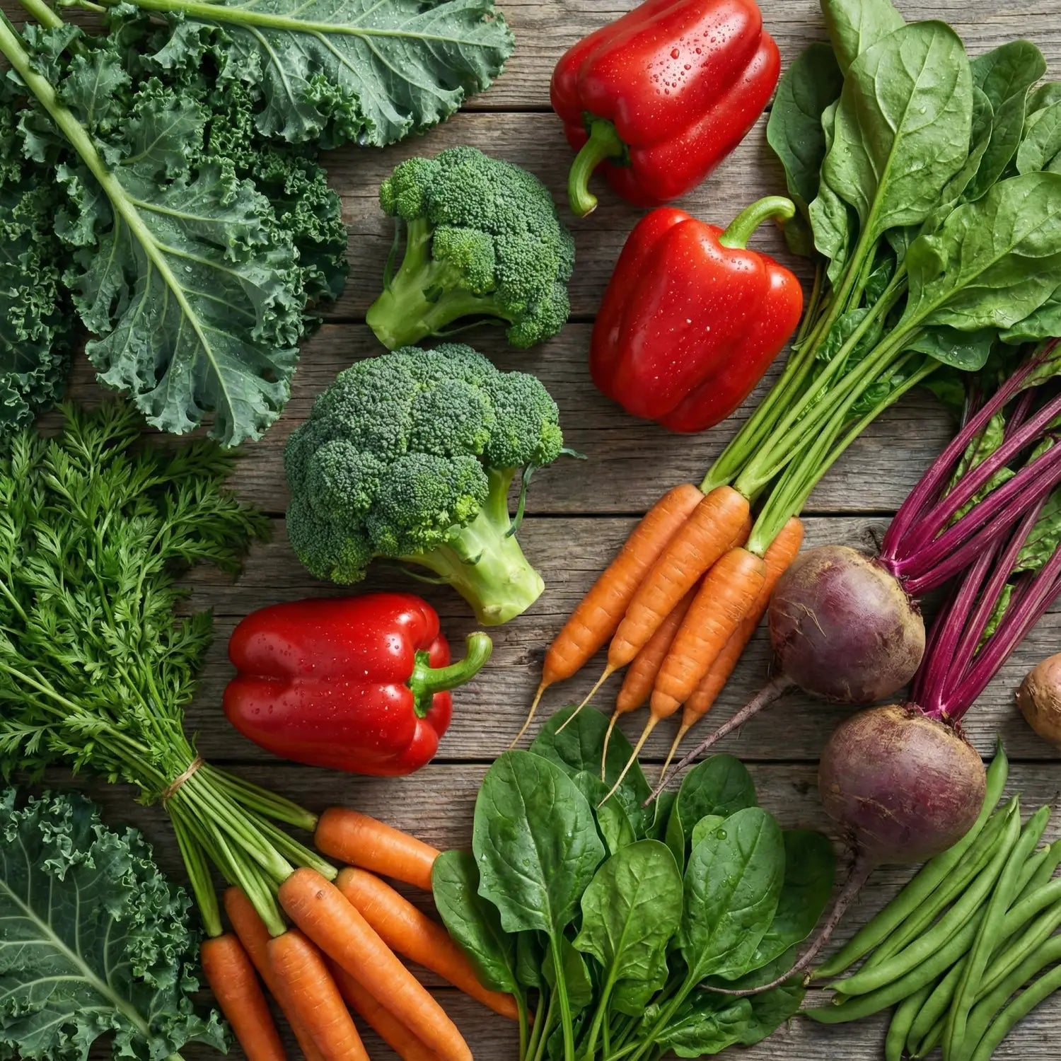 An overhead shot of a variety of fresh vegetables on a wooden table.