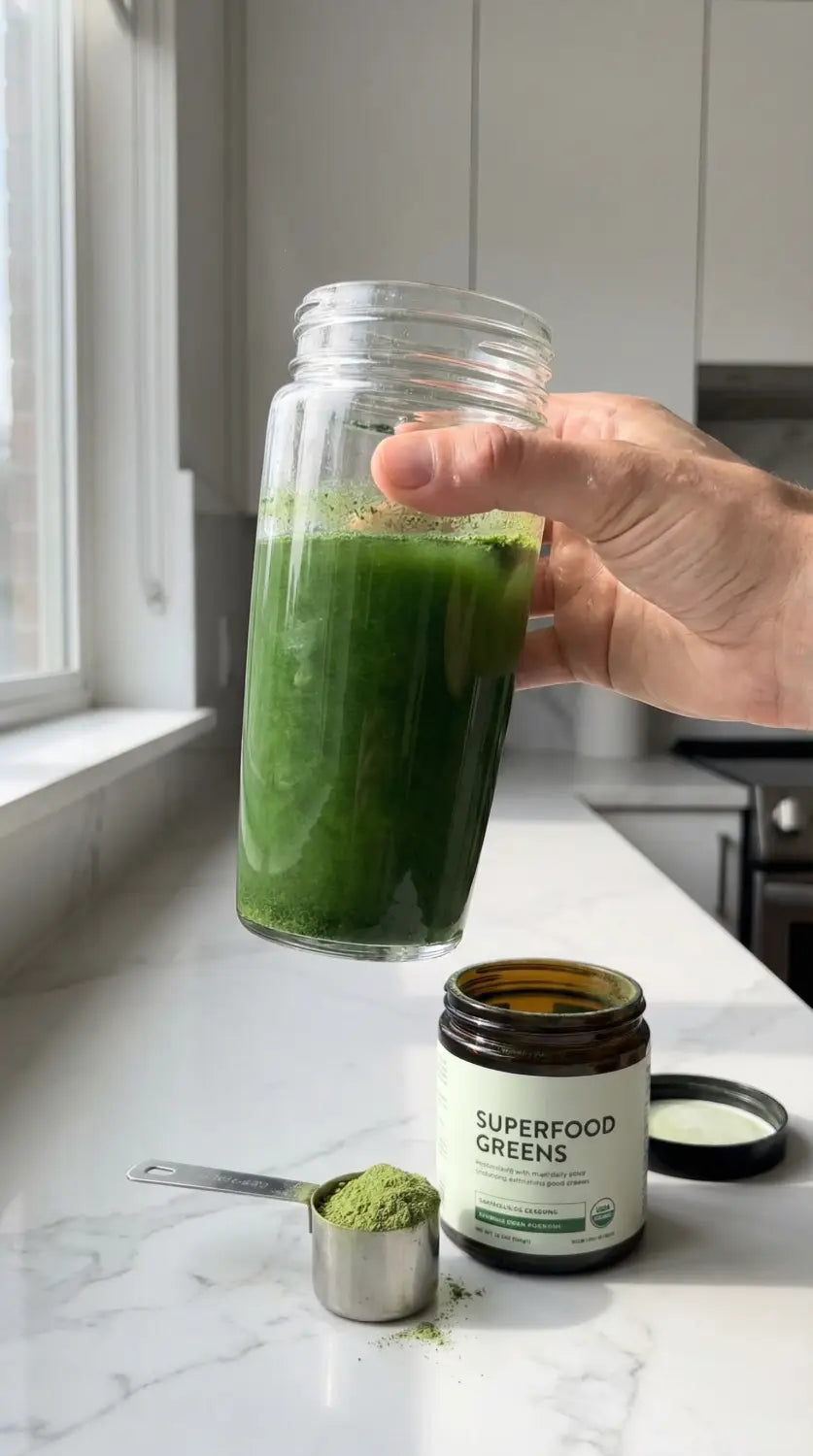 A person preparing a greens powder drink in a modern kitchen.