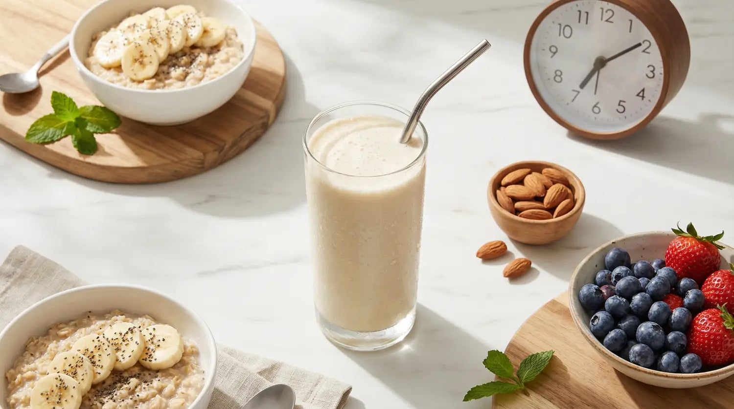A protein shake on a breakfast table with oatmeal, berries, and almonds.