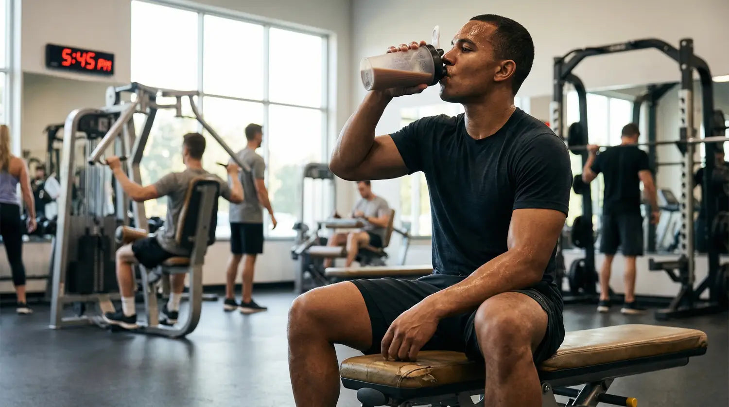 A man drinking a protein shake in the gym after a workout.