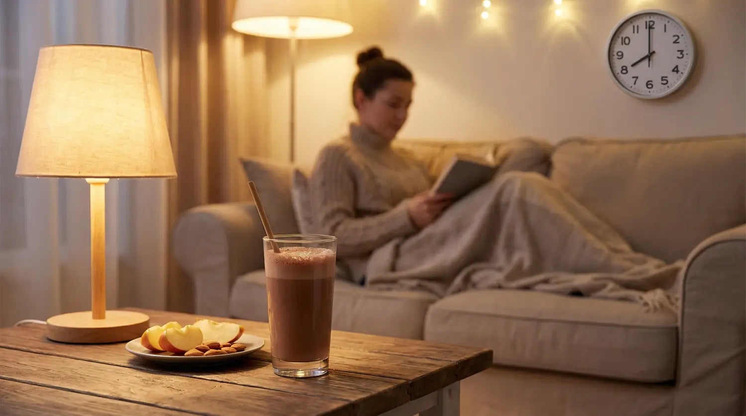 A protein shake on a coffee table in a cozy evening setting.