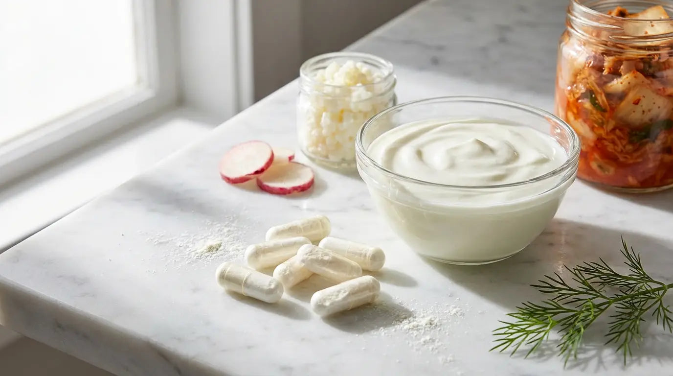 Probiotic capsules on a marble surface next to a bowl of yogurt and fermented foods.