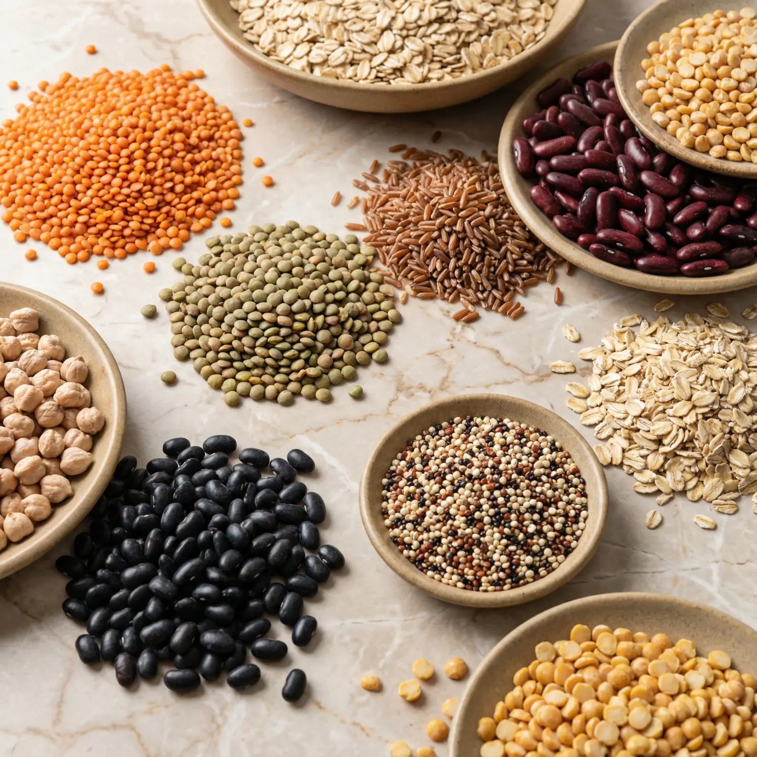 A variety of dried beans, grains, and legumes arranged on a marble surface.