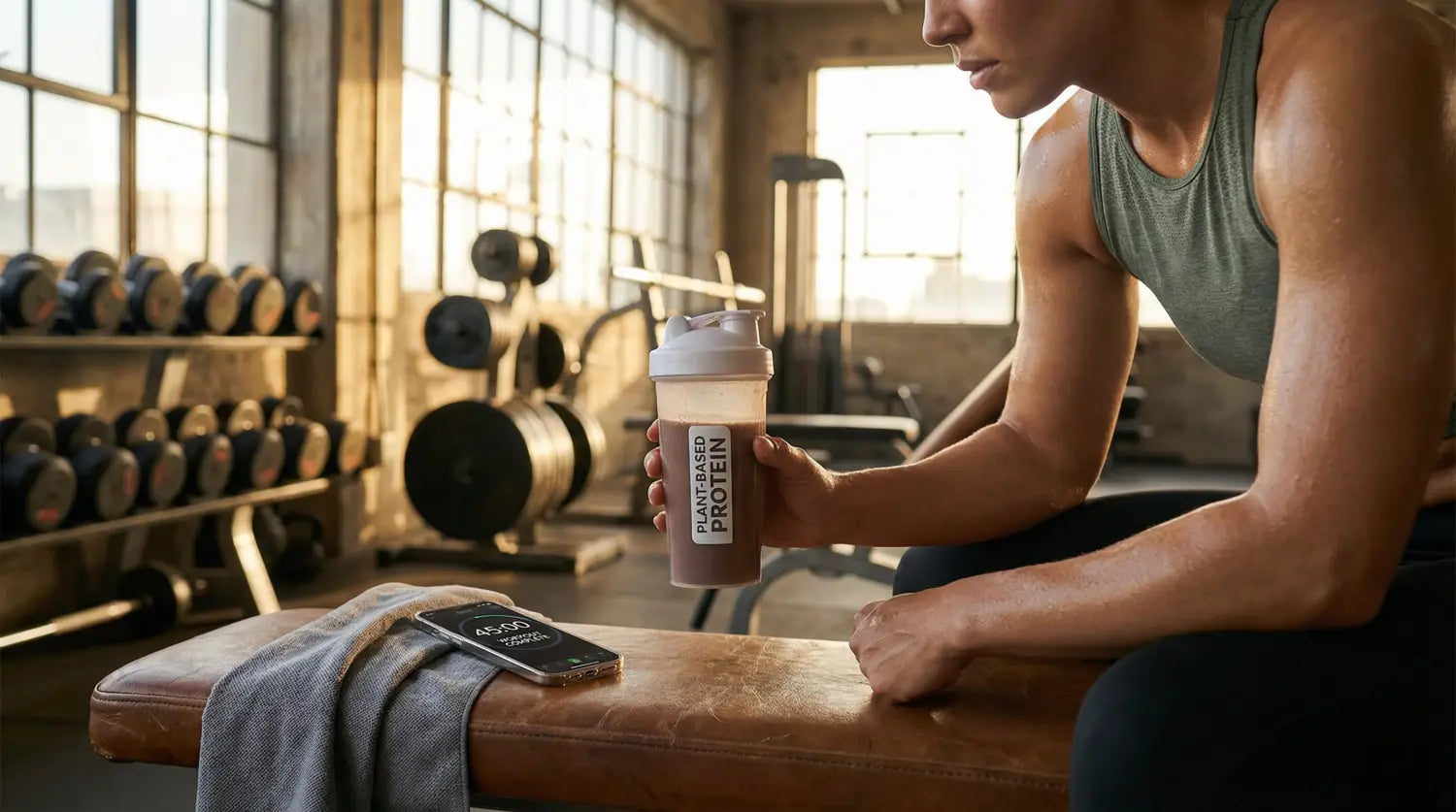 A person in a gym holding a protein shake after a workout.