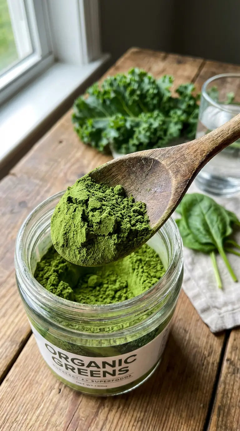 A wooden spoon scooping organic green superfood powder from a glass jar.