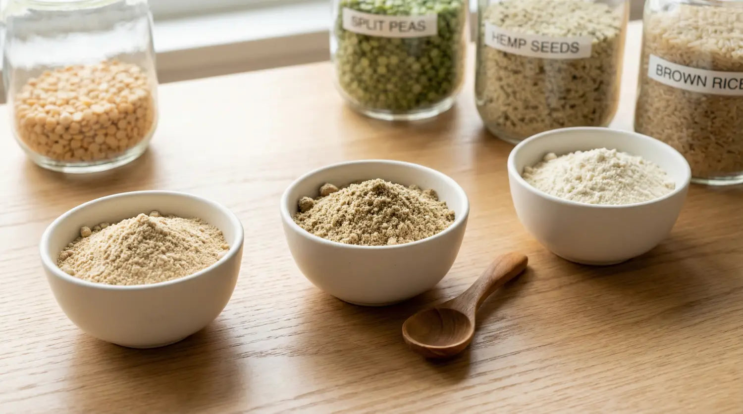 Different vegan protein powders in bowls, including pea, hemp, and rice protein.