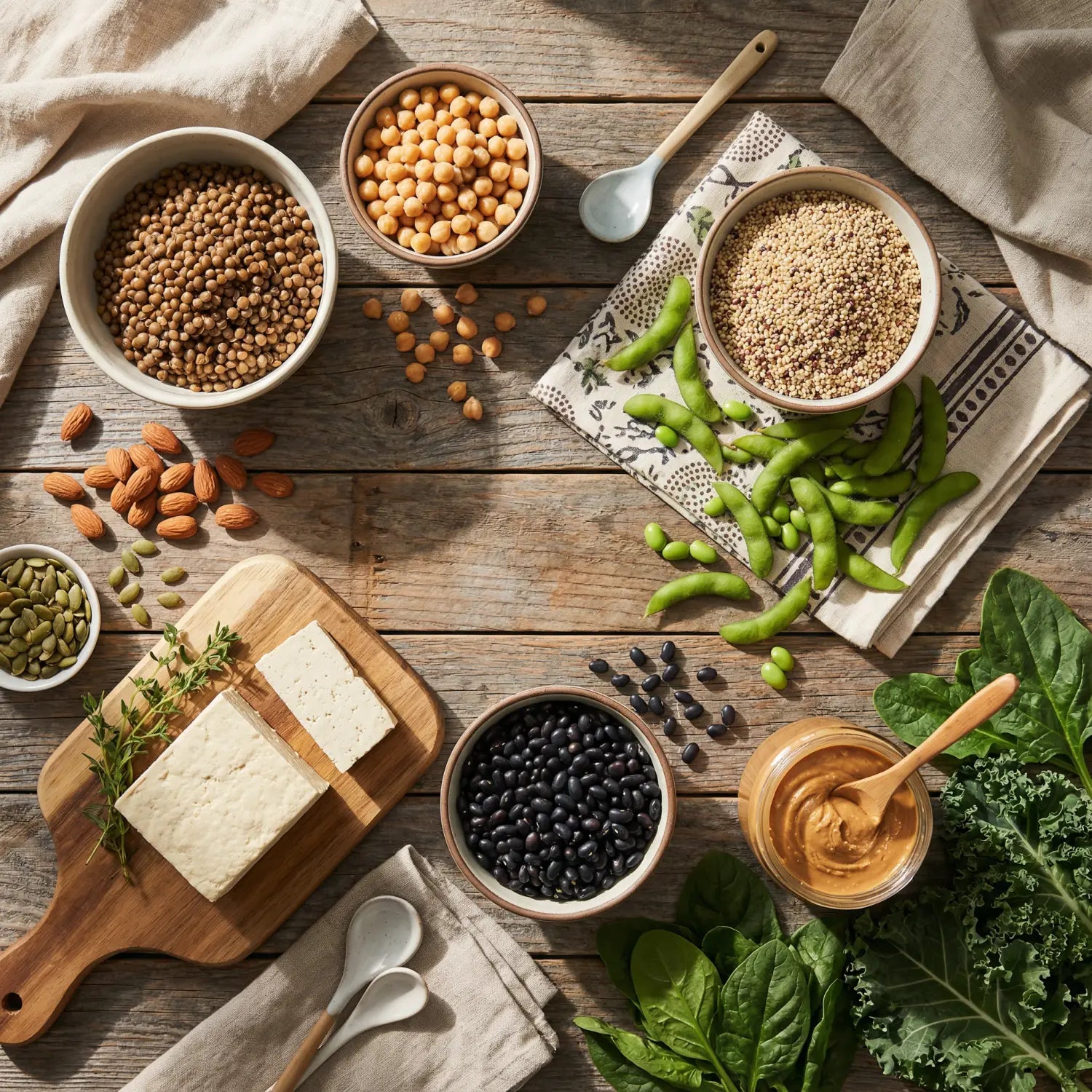 A variety of whole food vegan protein sources, including lentils, chickpeas, tofu, and nuts.