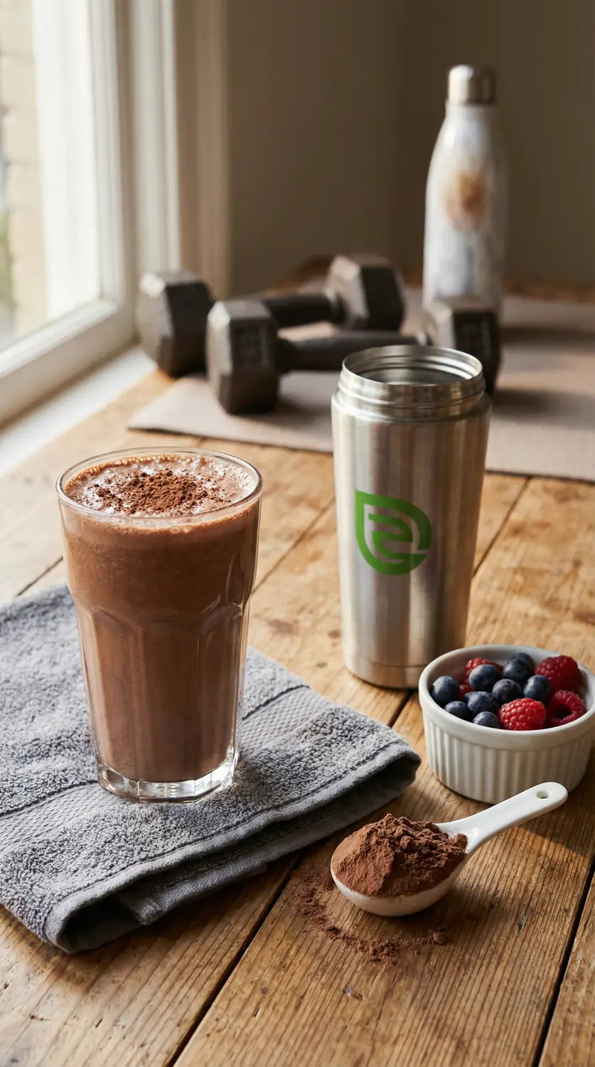 A post-workout vegan protein shake in a glass, with a shaker and dumbbells in the background.