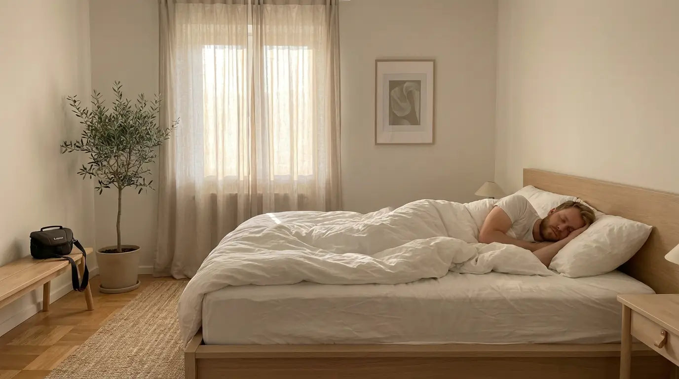 A man sleeps soundly in a comfortable bed, highlighting the importance of quality sleep for testosterone production.