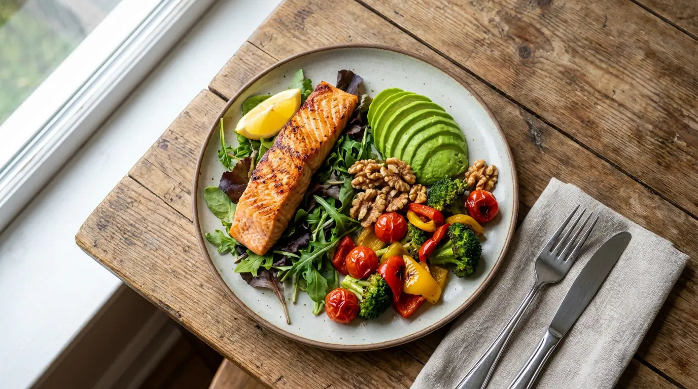 A healthy meal with grilled salmon, avocado, and mixed vegetables, representing a diet that supports testosterone levels.