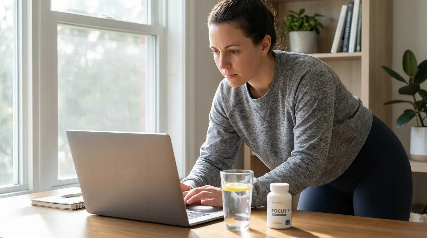 A person working on a laptop with focused concentration, with a glass of water and a supplement bottle on the desk.