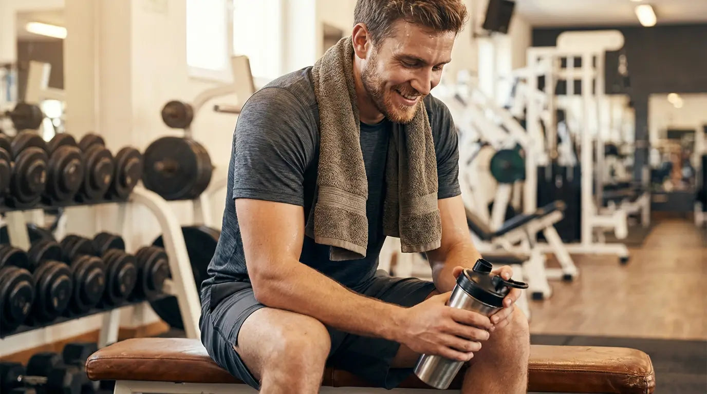 A fit person sitting on a gym bench after a workout, holding a protein shaker.