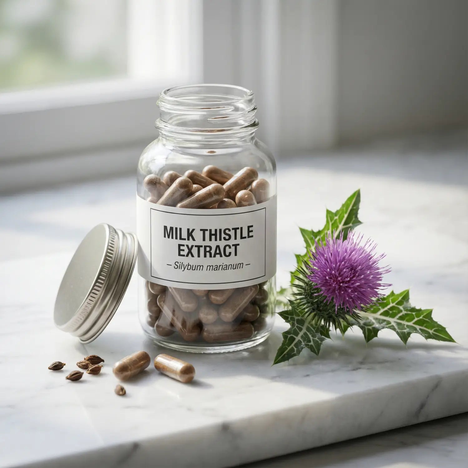 Clear glass bottle containing milk thistle extract capsules with lid removed, accompanied by fresh purple milk thistle flower with spiky leaves and scattered capsules on white marble surface