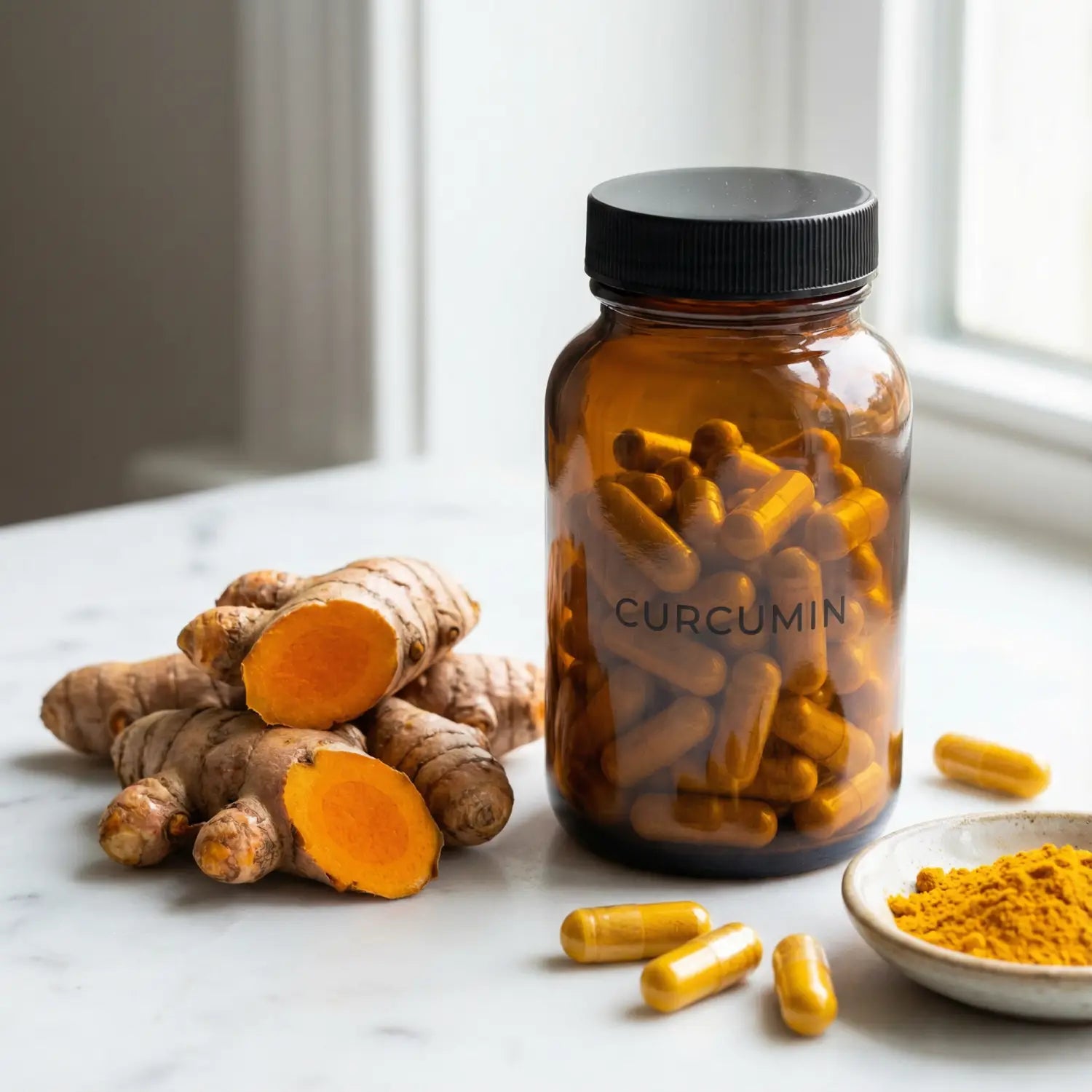 Amber glass bottle labelled Curcumin containing yellow turmeric capsules, fresh turmeric rhizome roots with one cut open showing orange interior, ceramic dish with golden turmeric powder on white marble surface