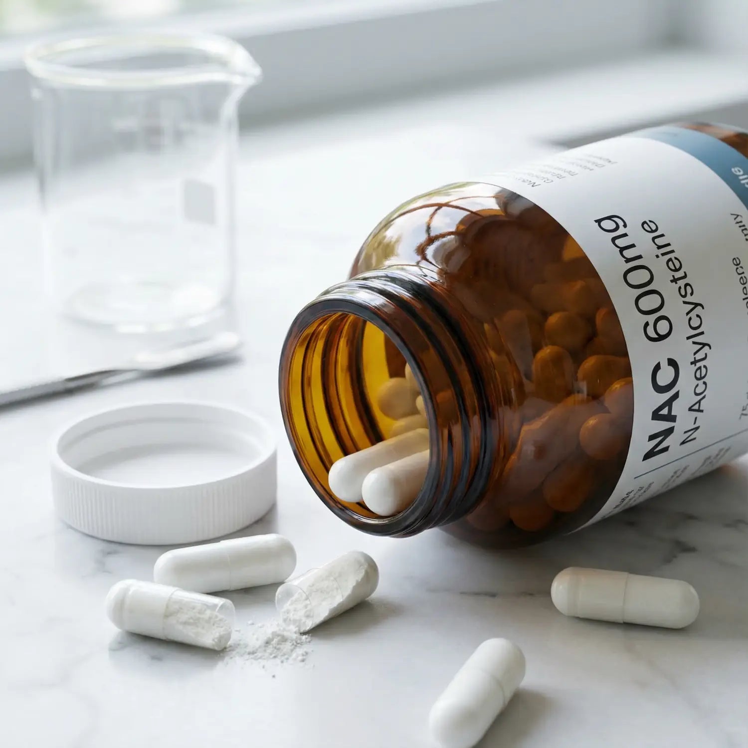 Amber glass bottle labelled NAC 600mg N-Acetylcysteine with white child-proof cap open, white capsules scattered around showing fine powder inside on pristine white marble surface